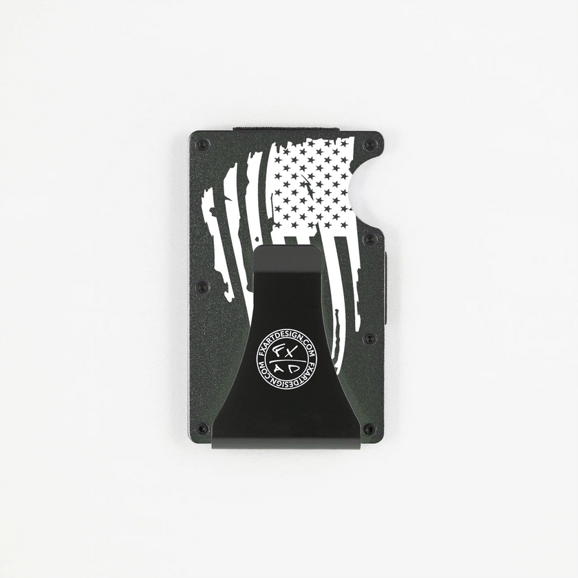 Rear view of black RFID metal wallet with distressed American flag and Fraxure clip engraving