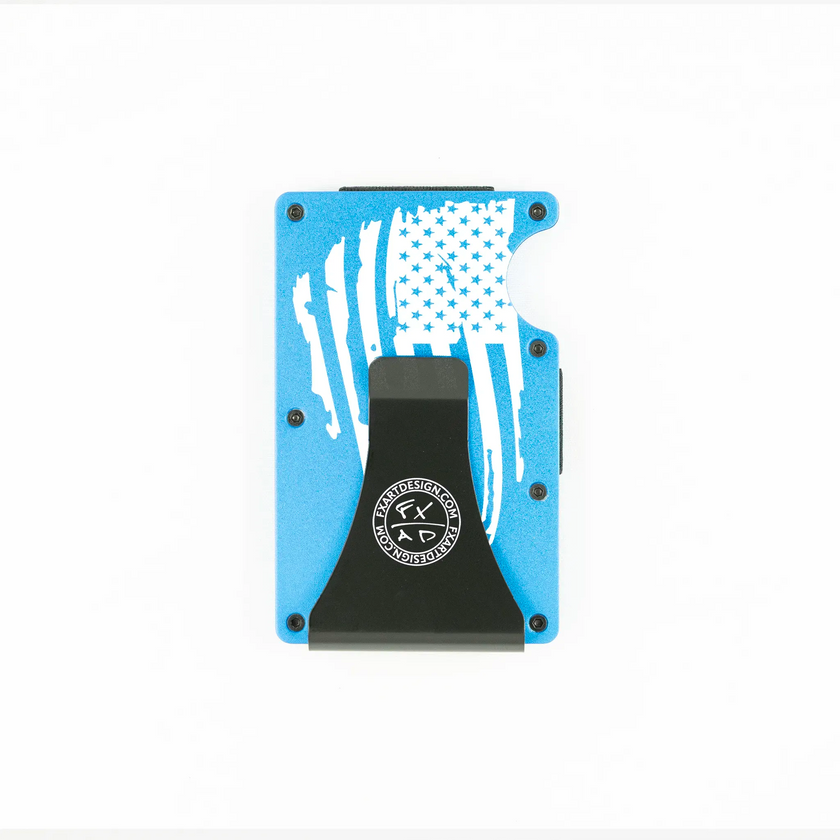 Rear view of blue RFID metal wallet with distressed American flag and Fraxure clip engraving