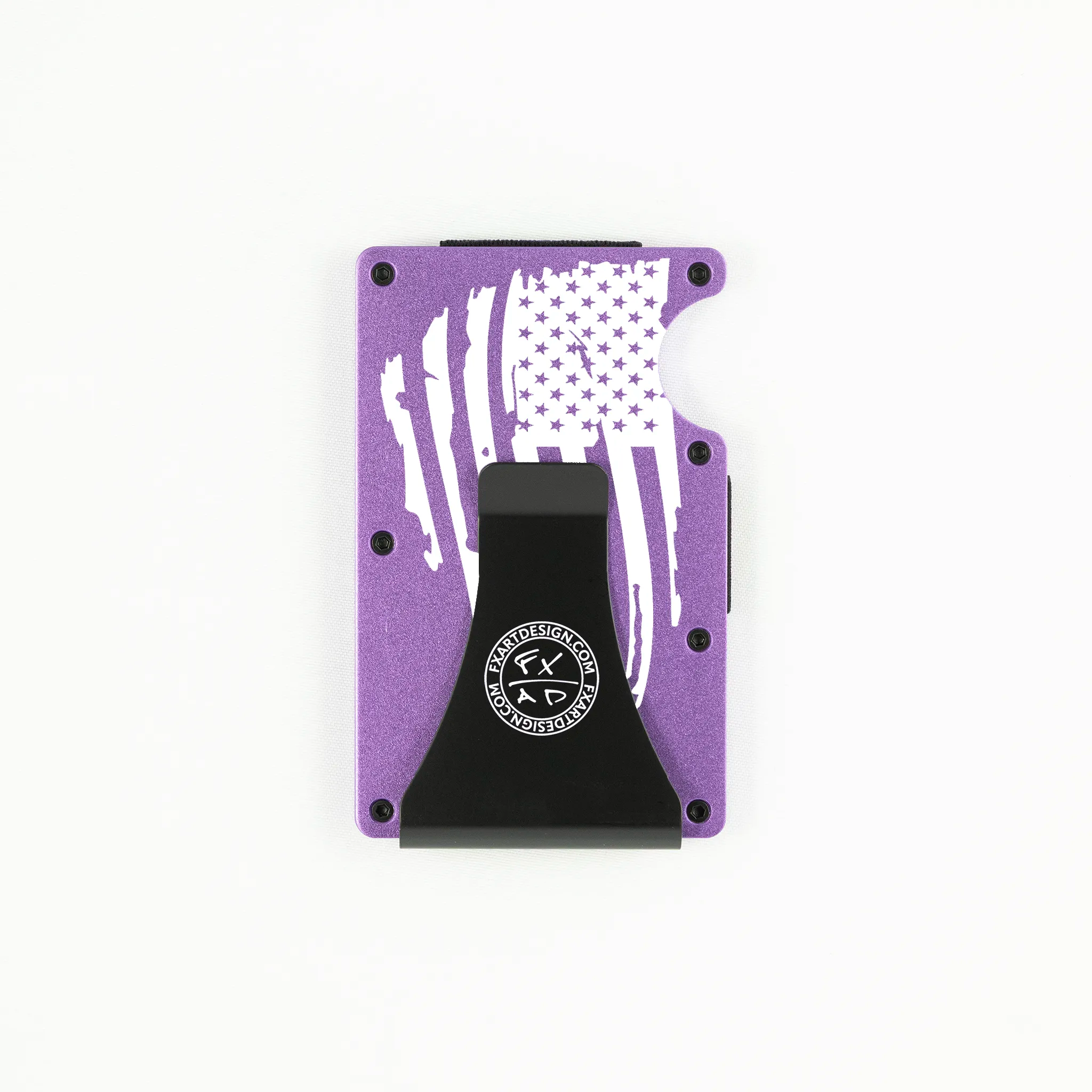 Rear view of purple RFID metal wallet with distressed American flag and Fraxure clip engraving