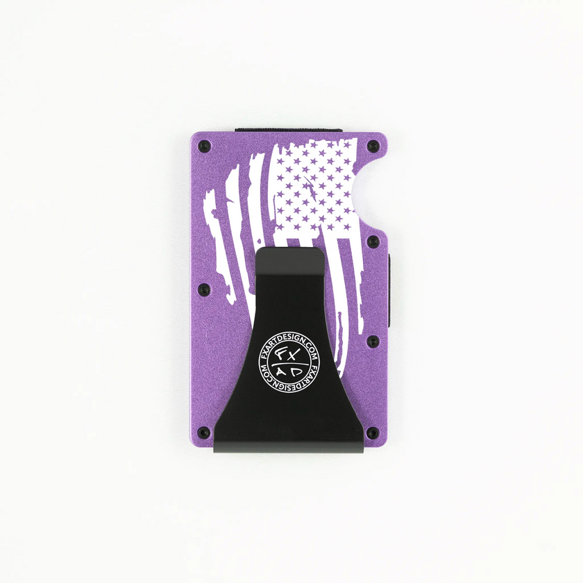 Rear view of purple RFID metal wallet with distressed American flag and Fraxure clip engraving