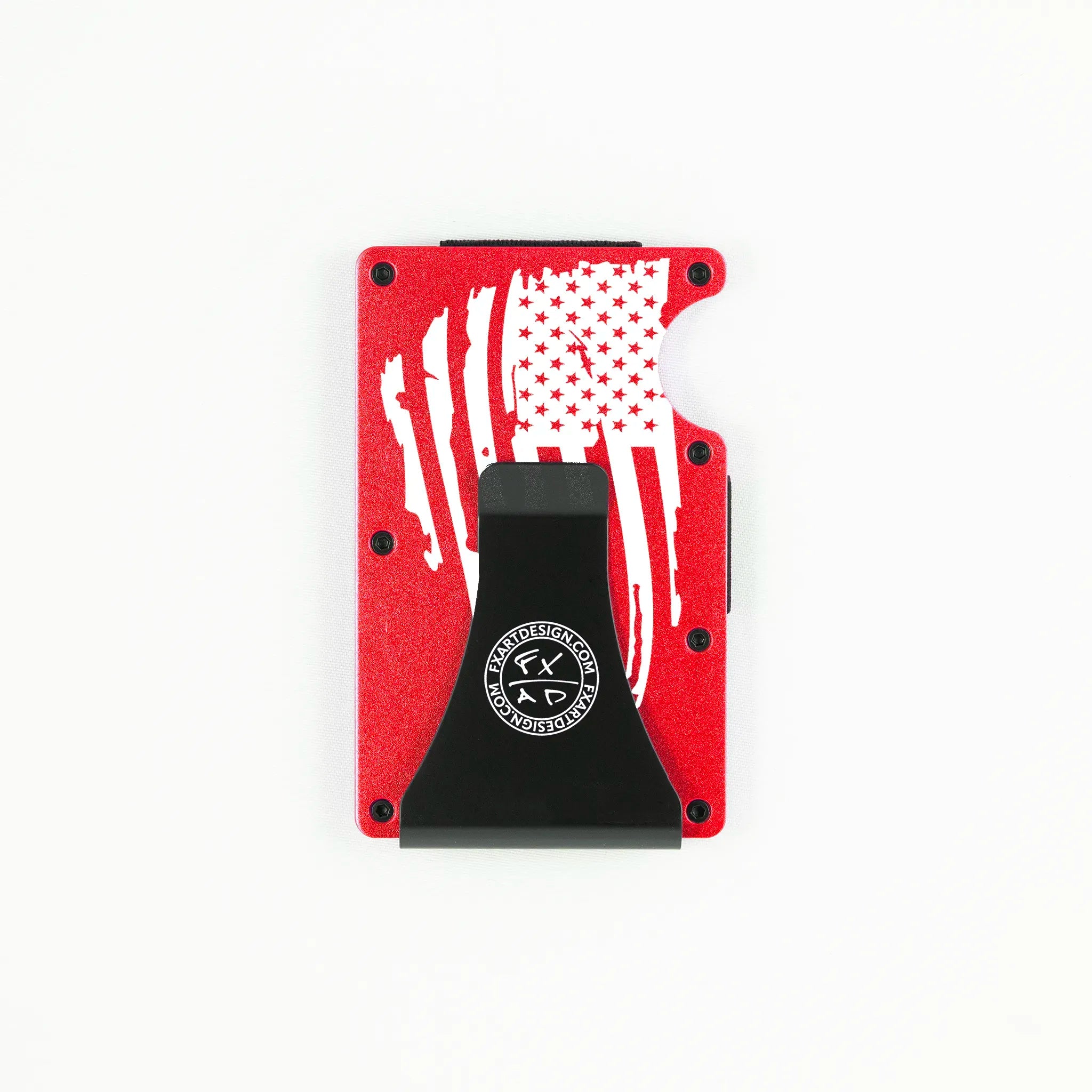 Rear view of red RFID metal wallet with distressed American flag and Fraxure clip engraving