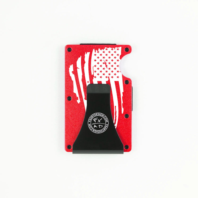 Rear view of red RFID metal wallet with distressed American flag and Fraxure clip engraving