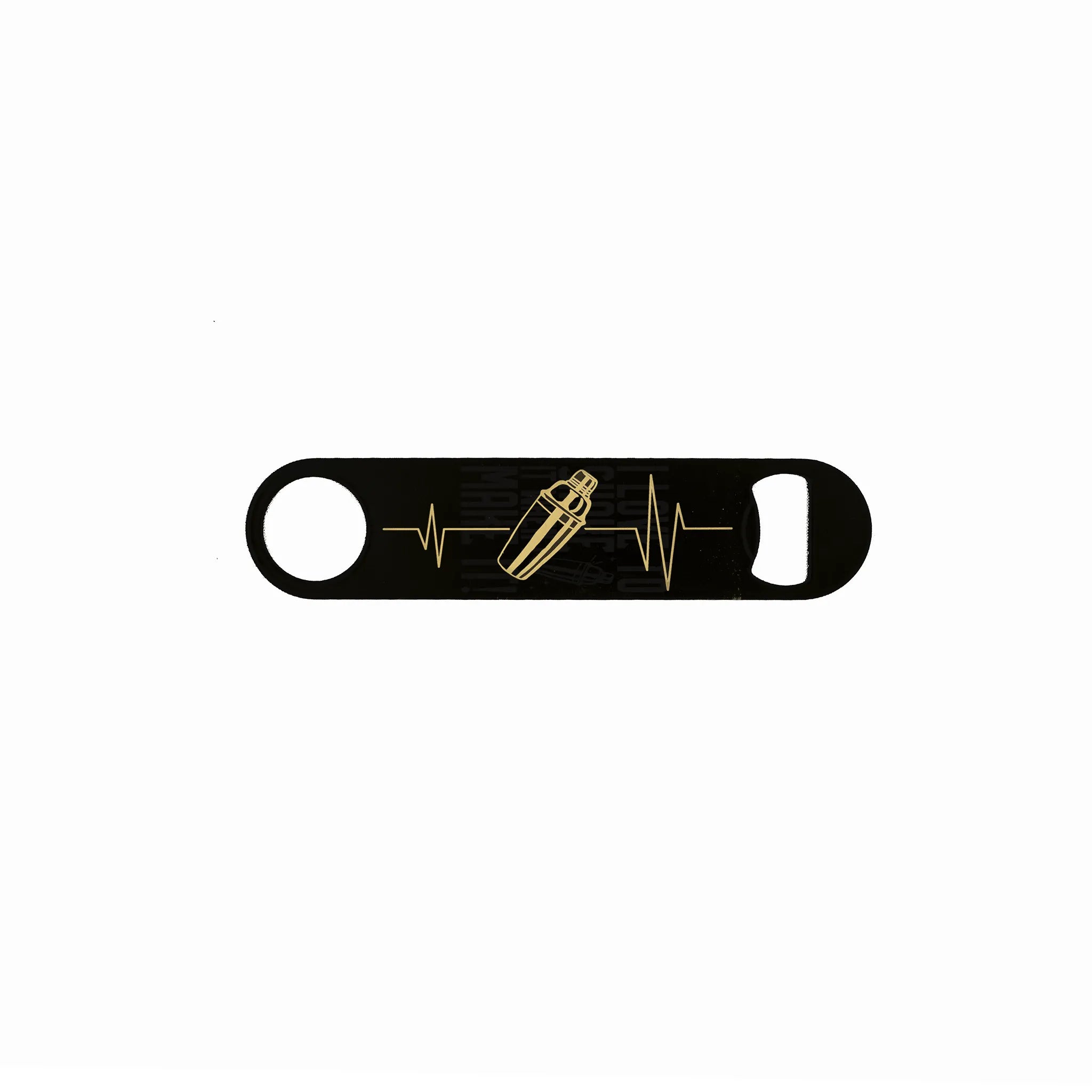 Laser engraved black stainless steel speed opener with gold cocktail shaker heartbeat line – bartender-themed bottle opener.