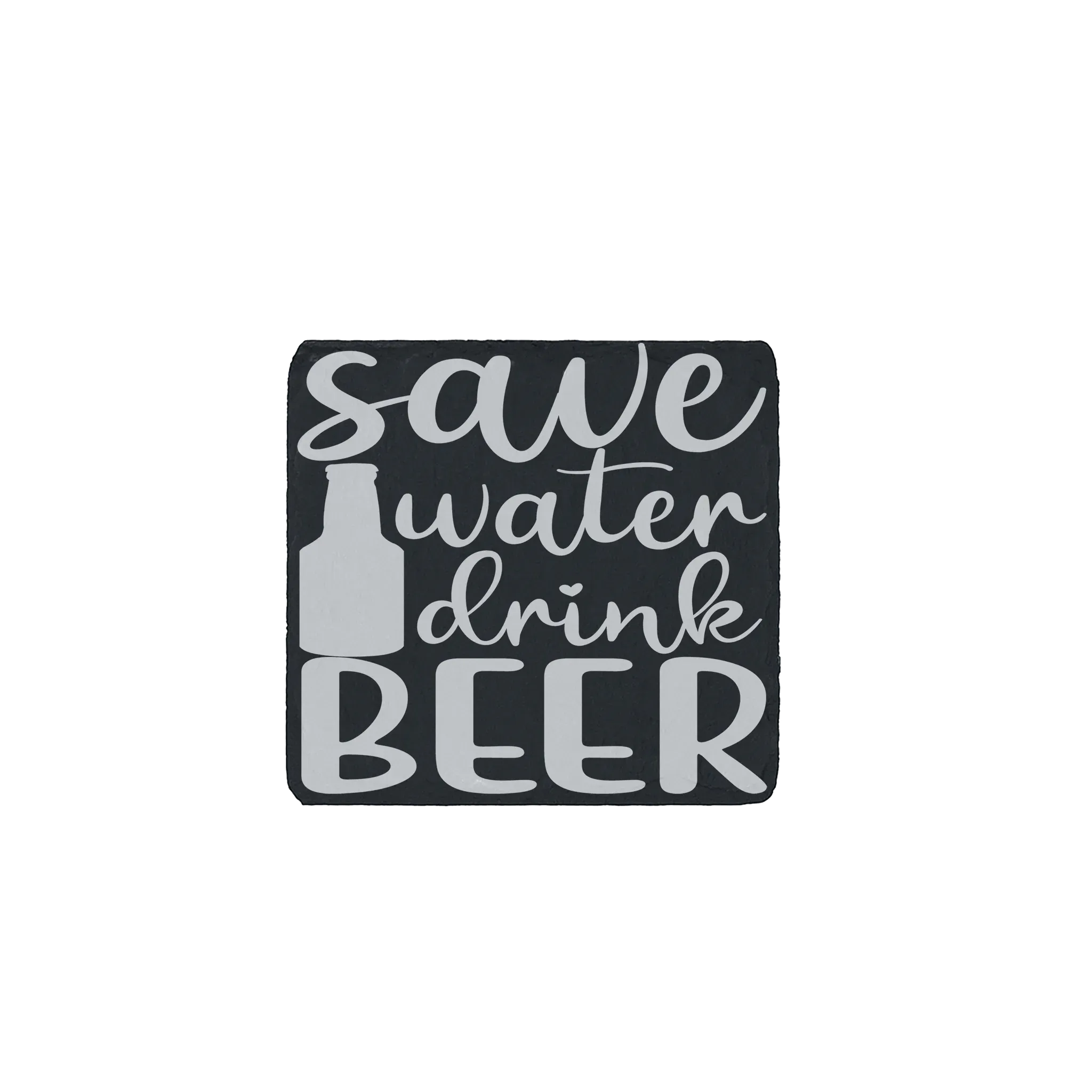 Slate coaster engraved with “Save Water Drink Beer” – rustic gift for beer lovers and home bar accessories.