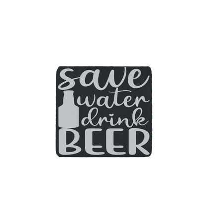 Slate coaster engraved with “Save Water Drink Beer” – rustic gift for beer lovers and home bar accessories.