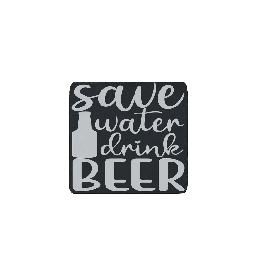 Slate coaster engraved with “Save Water Drink Beer” – rustic gift for beer lovers and home bar accessories.