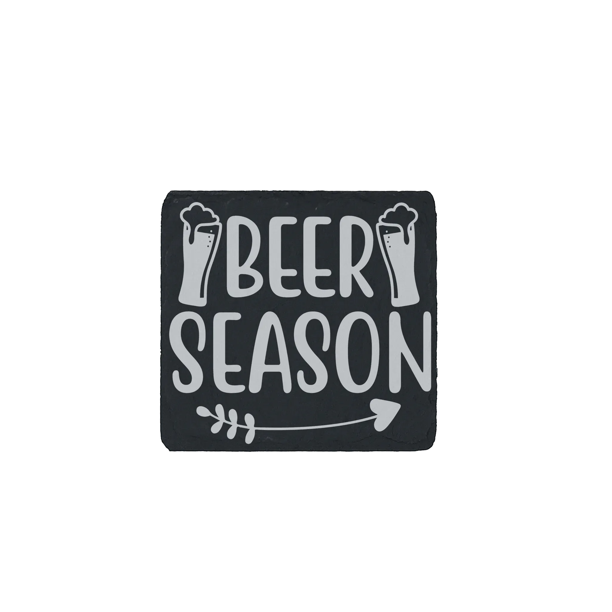 Slate coaster with “Beer Season” laser engraved design featuring beer glasses and arrow – rustic gift for beer lovers.