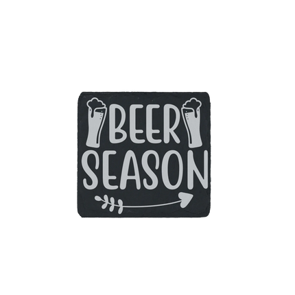 Slate coaster with “Beer Season” laser engraved design featuring beer glasses and arrow – rustic gift for beer lovers.