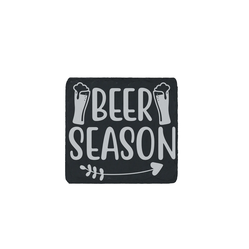 Slate coaster with “Beer Season” laser engraved design featuring beer glasses and arrow – rustic gift for beer lovers.