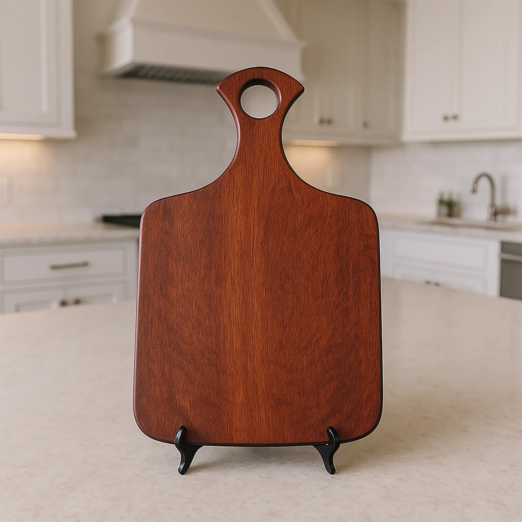 Bloodwood charcuterie board with rounded handle standing on tabletop in modern kitchen.