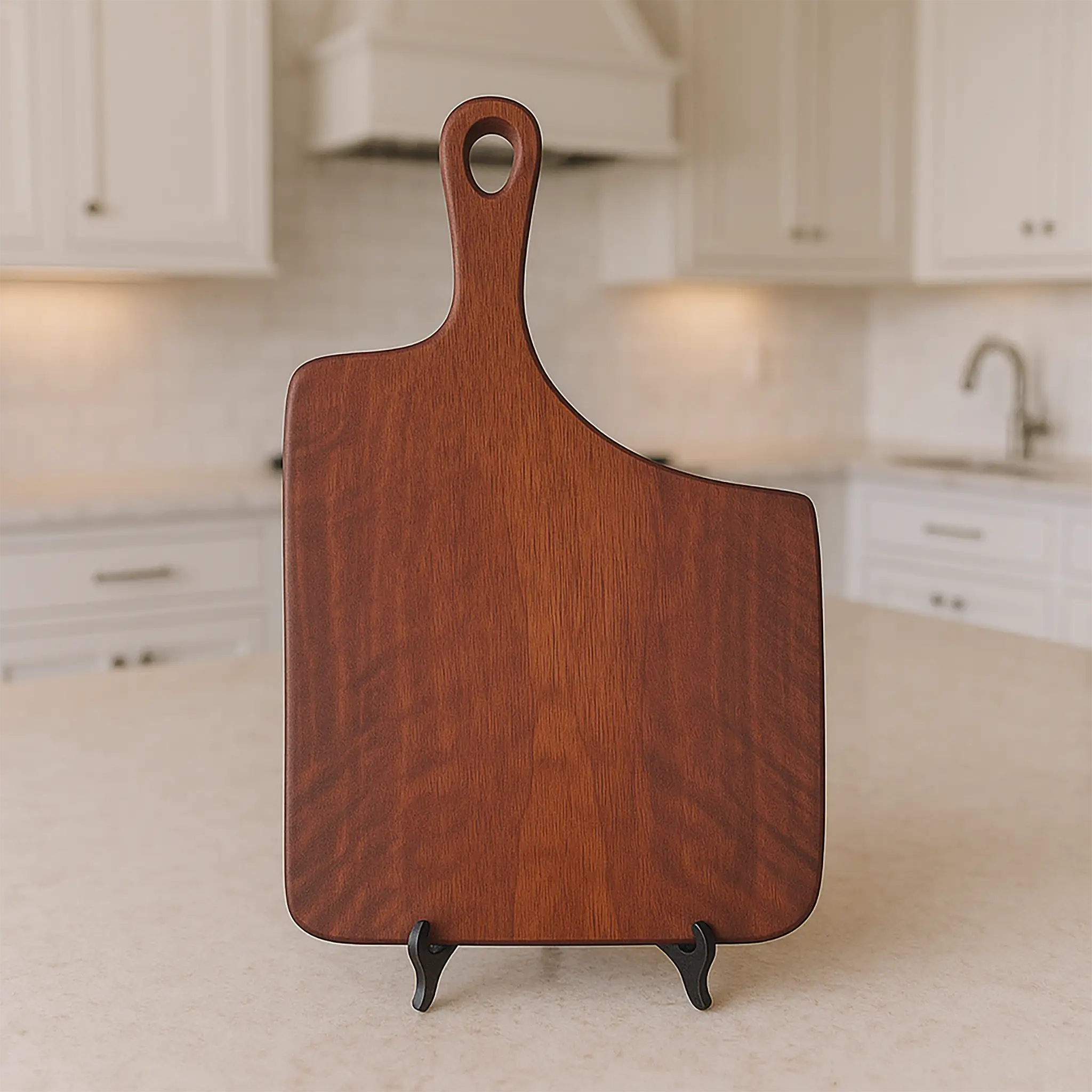 Handcrafted bloodwood charcuterie board with handle displayed on stand in a bright modern kitchen.