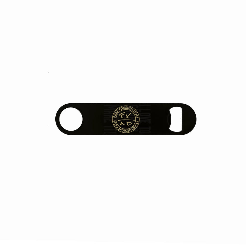Back side of black bottle opener featuring Fraxure Art & Design logo laser engraved.