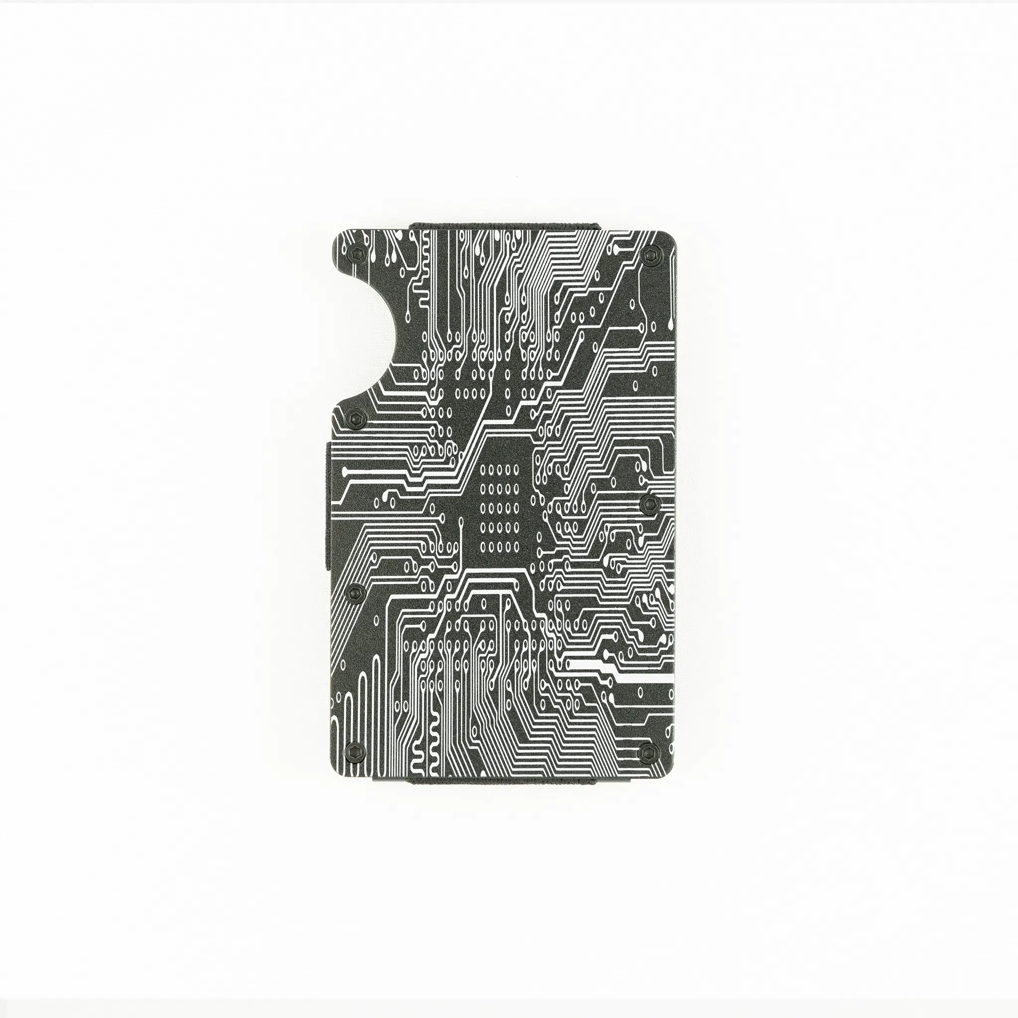 RFID-shielding black aluminum wallet with engraved circuit board design.