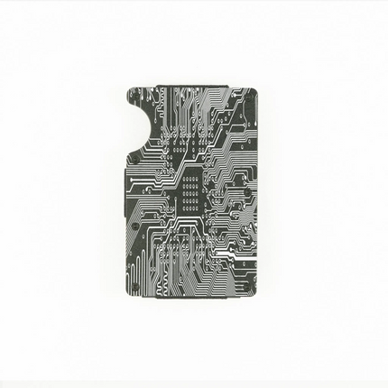 RFID-shielding black aluminum wallet with engraved circuit board design.