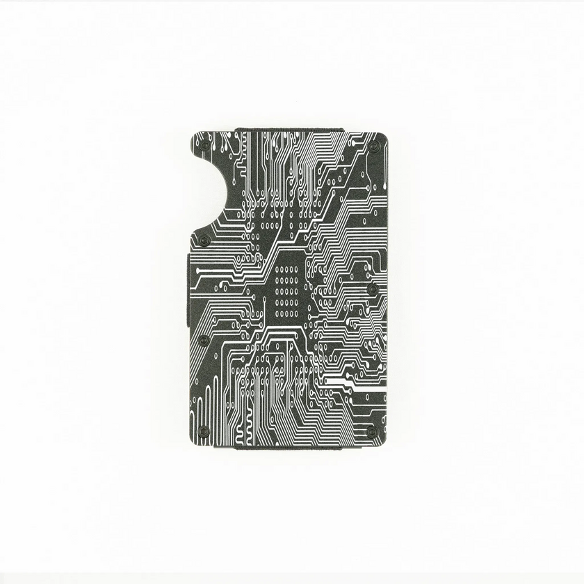 RFID-shielding black aluminum wallet with engraved circuit board design.