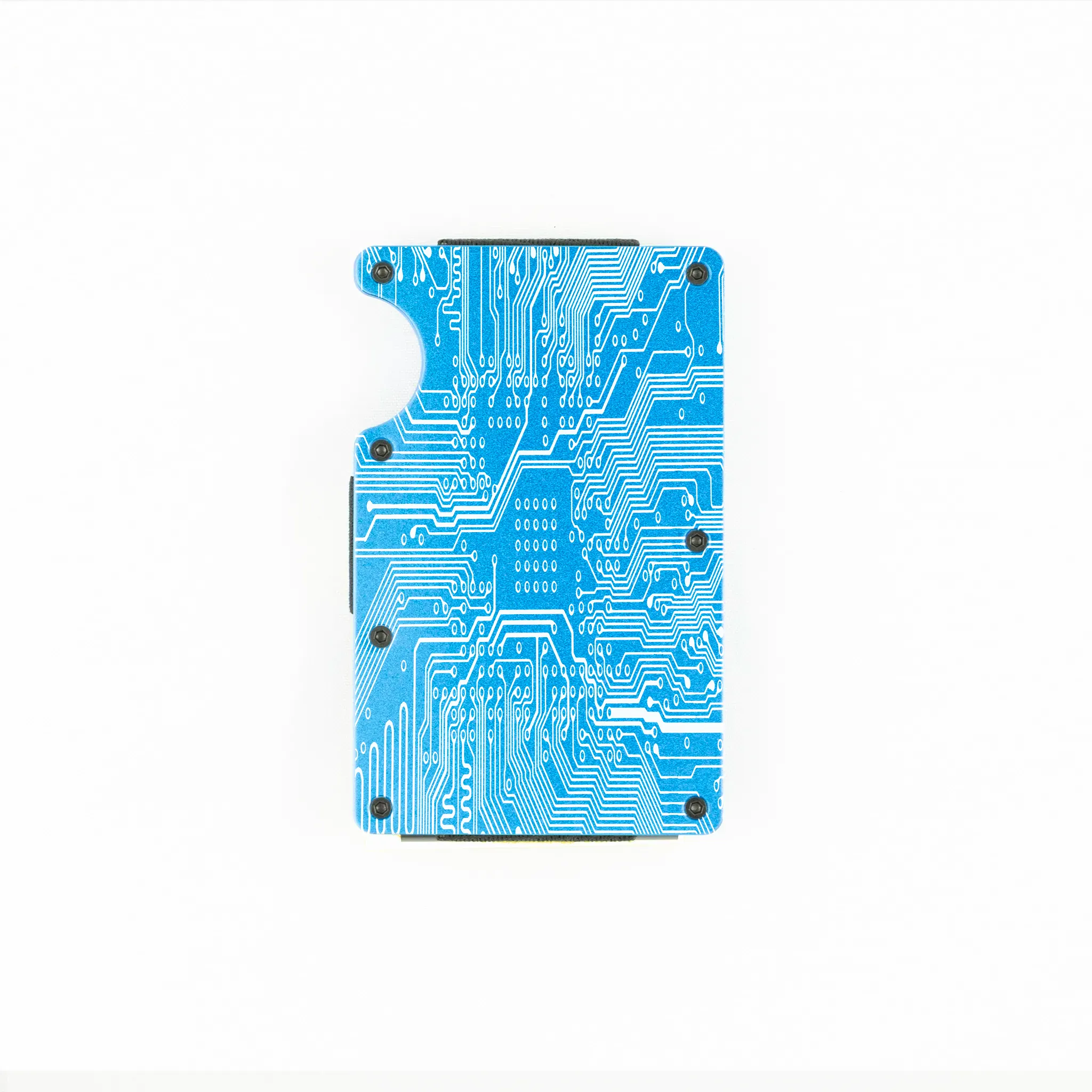 RFID-shielding blue aluminum wallet with engraved circuit board design.