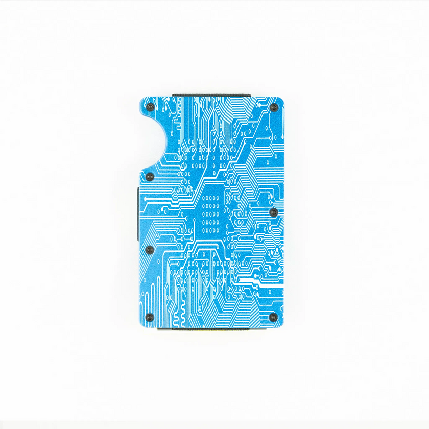 RFID-shielding blue aluminum wallet with engraved circuit board design.