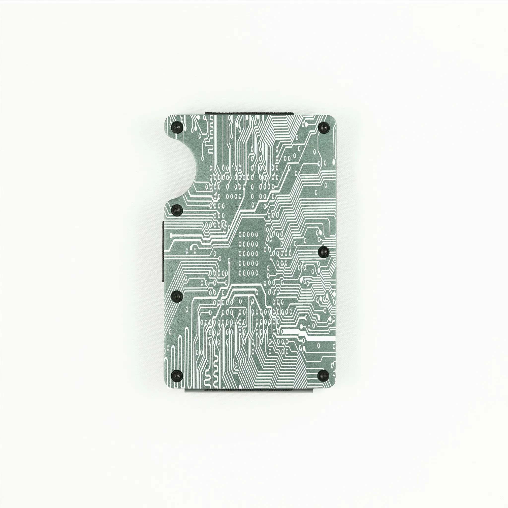 RFID-shielding gray aluminum wallet with engraved circuit board design.