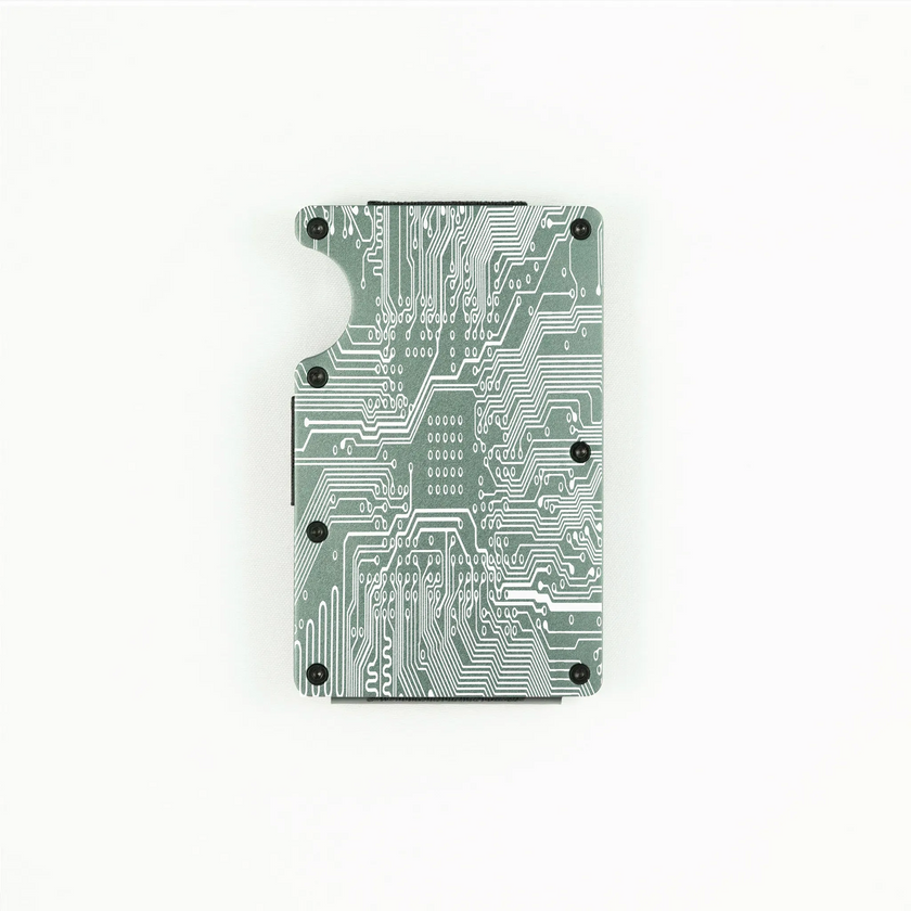 RFID-shielding gray aluminum wallet with engraved circuit board design.