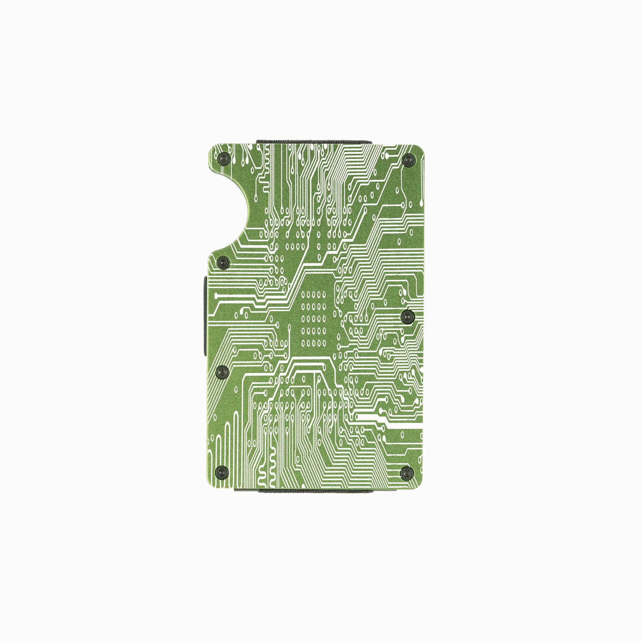 RFID-shielding green aluminum wallet with engraved circuit board design.