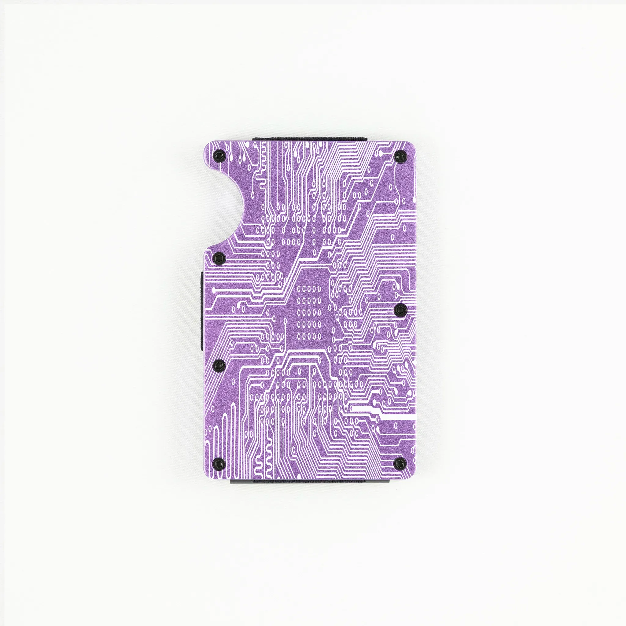 RFID-shielding purple aluminum wallet with engraved circuit board design.