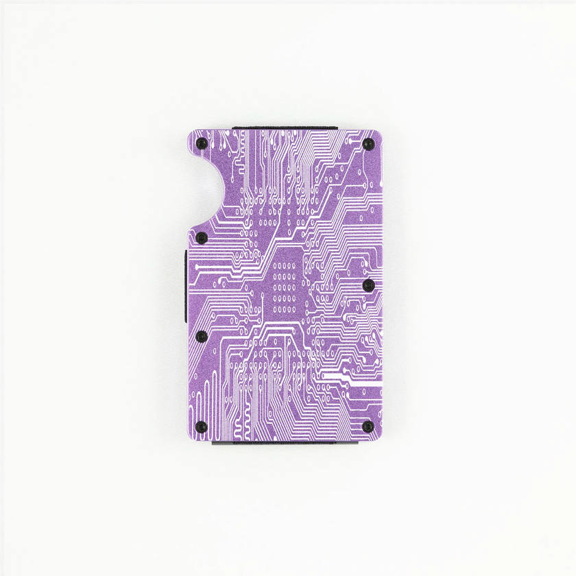 RFID-shielding purple aluminum wallet with engraved circuit board design.