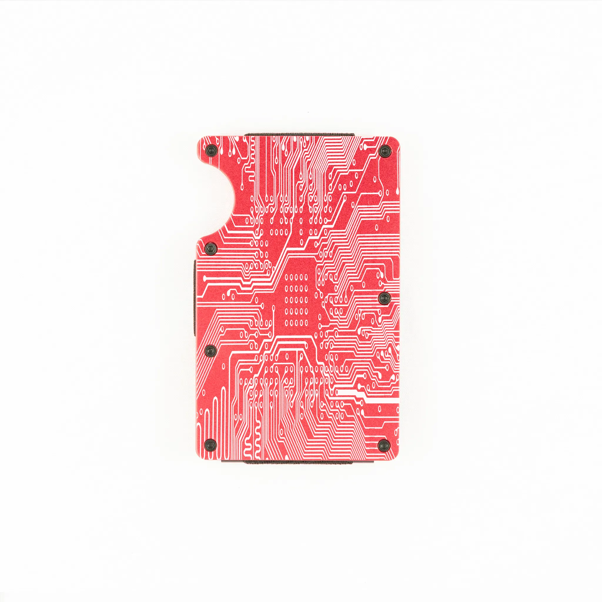 RFID-shielding red aluminum wallet with engraved circuit board design.