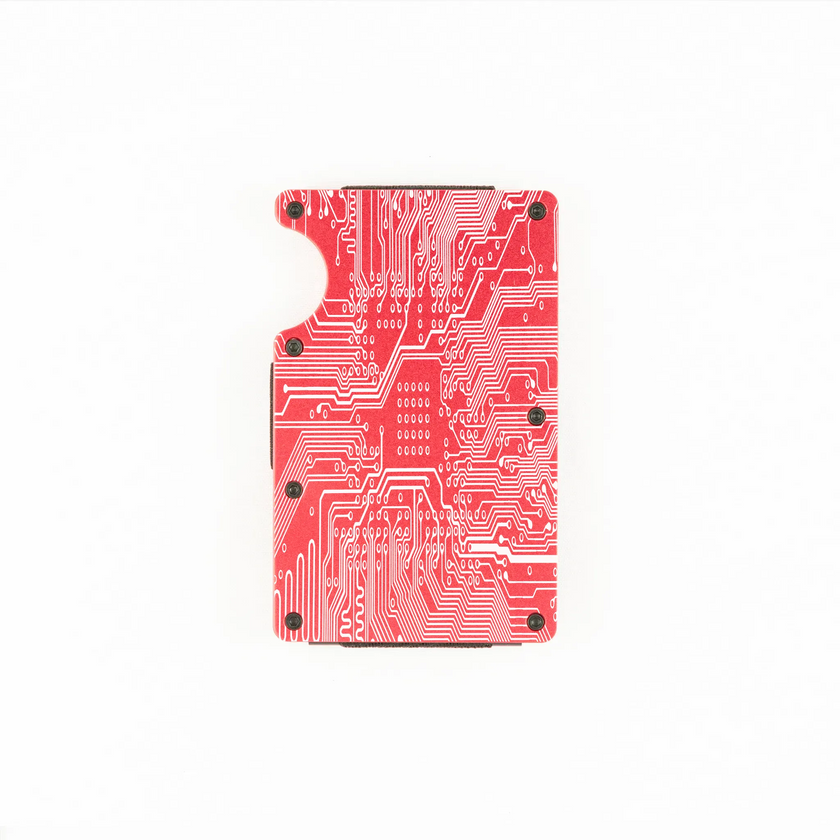 RFID-shielding red aluminum wallet with engraved circuit board design.