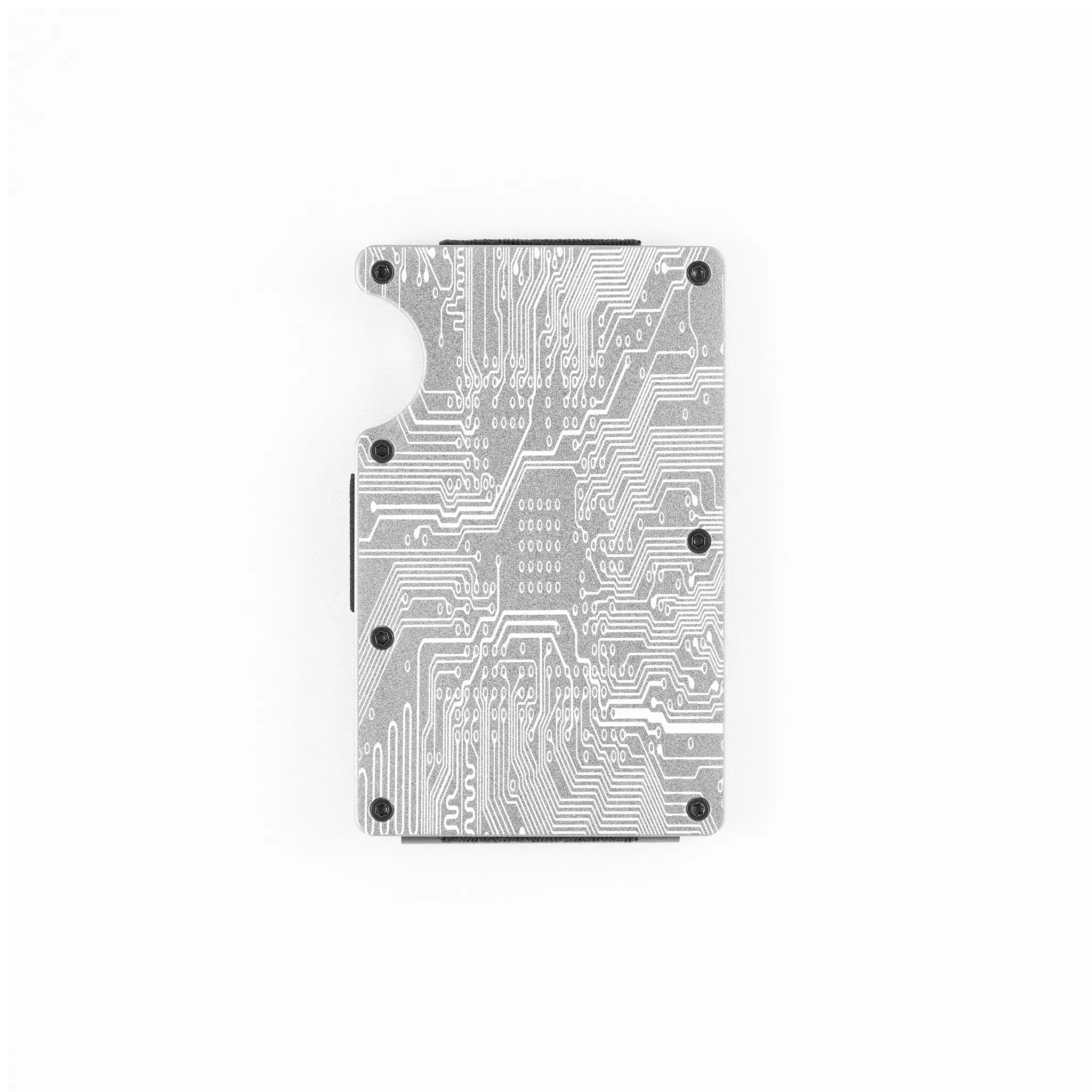RFID-shielding silver aluminum wallet with engraved circuit board design.