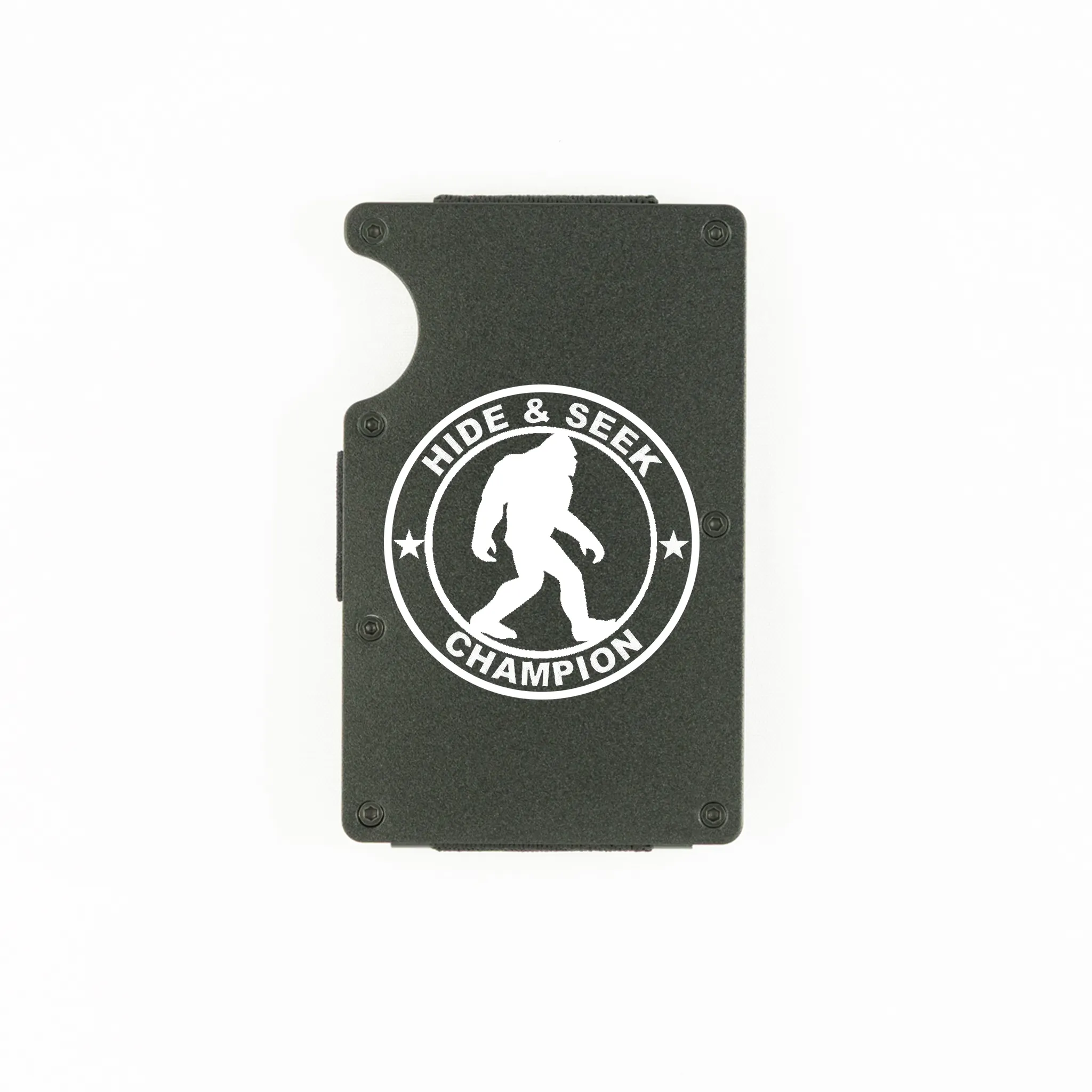 Black aluminum RFID wallet with engraved Hide and Seek Champion Bigfoot badge