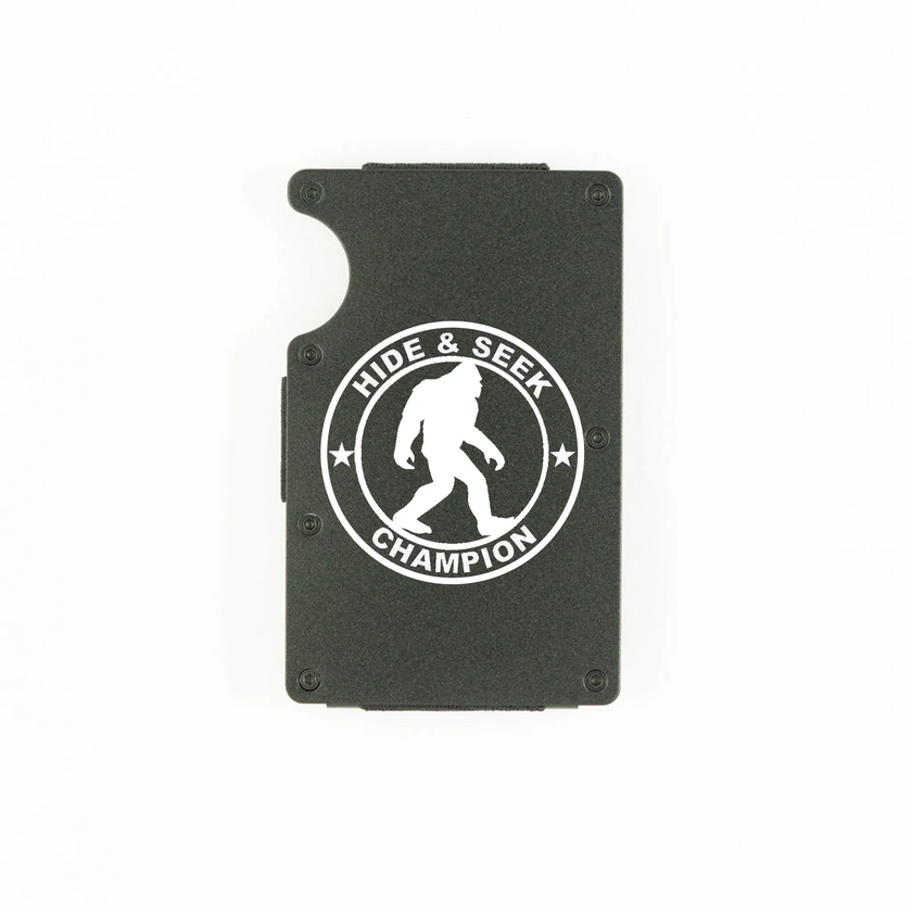Black aluminum RFID wallet with engraved Hide and Seek Champion Bigfoot badge