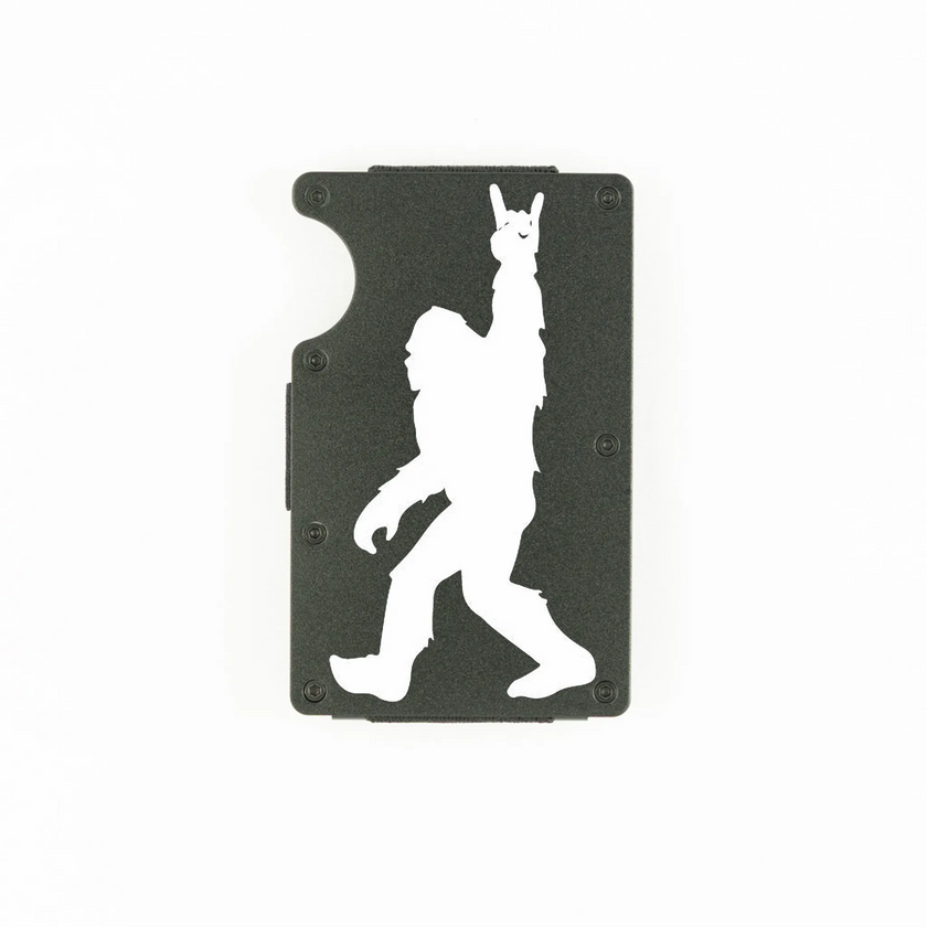 Black aluminum RFID wallet with engraved Bigfoot doing rock on hand gesture