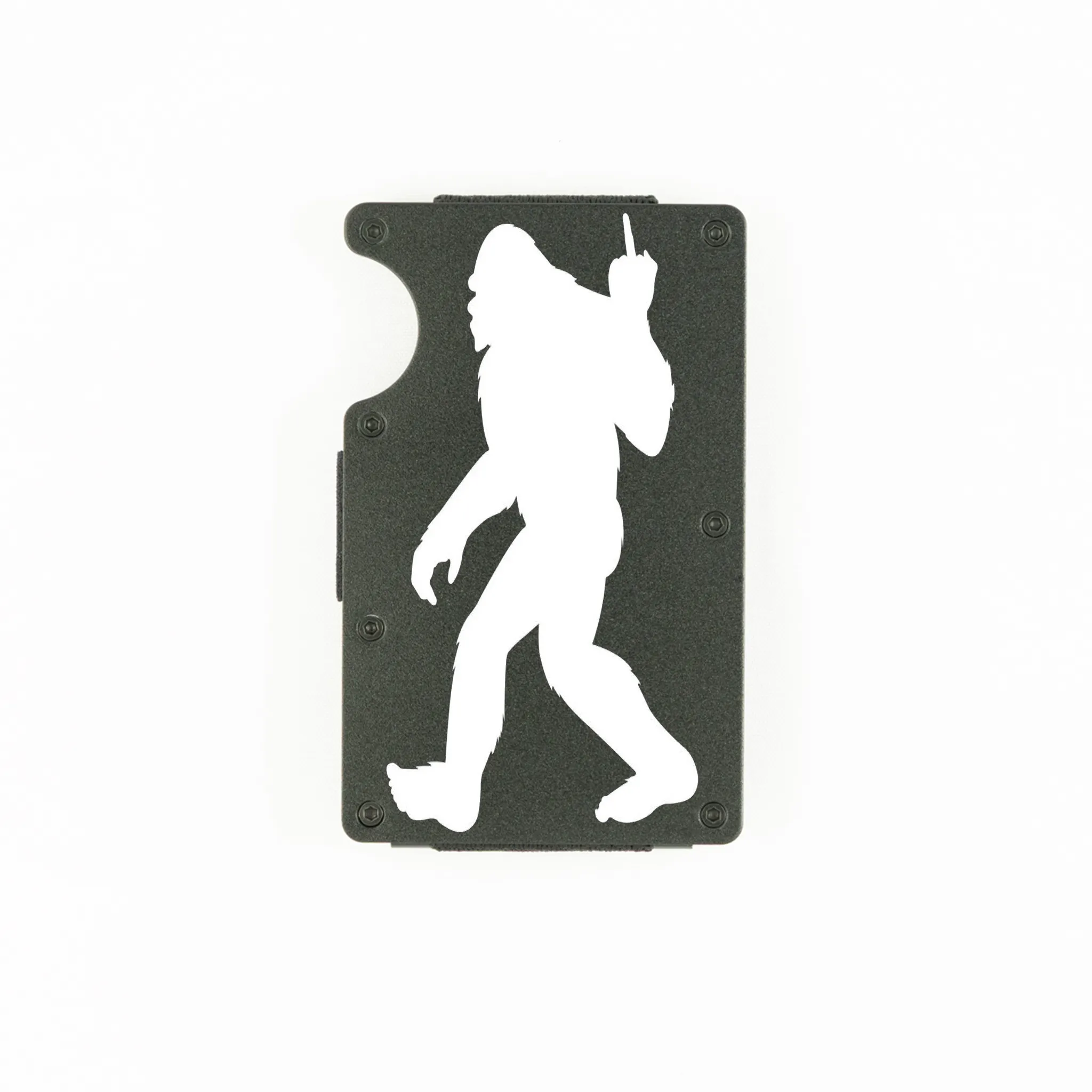 Black aluminum RFID wallet with Bigfoot flipping the bird engraving