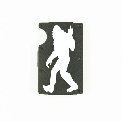 Black aluminum RFID wallet with Bigfoot flipping the bird engraving