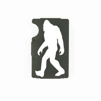Black aluminum RFID wallet with engraved Bigfoot walking silhouette