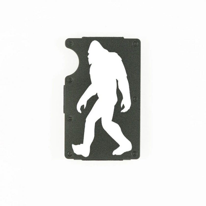 Black aluminum RFID wallet with engraved Bigfoot walking silhouette