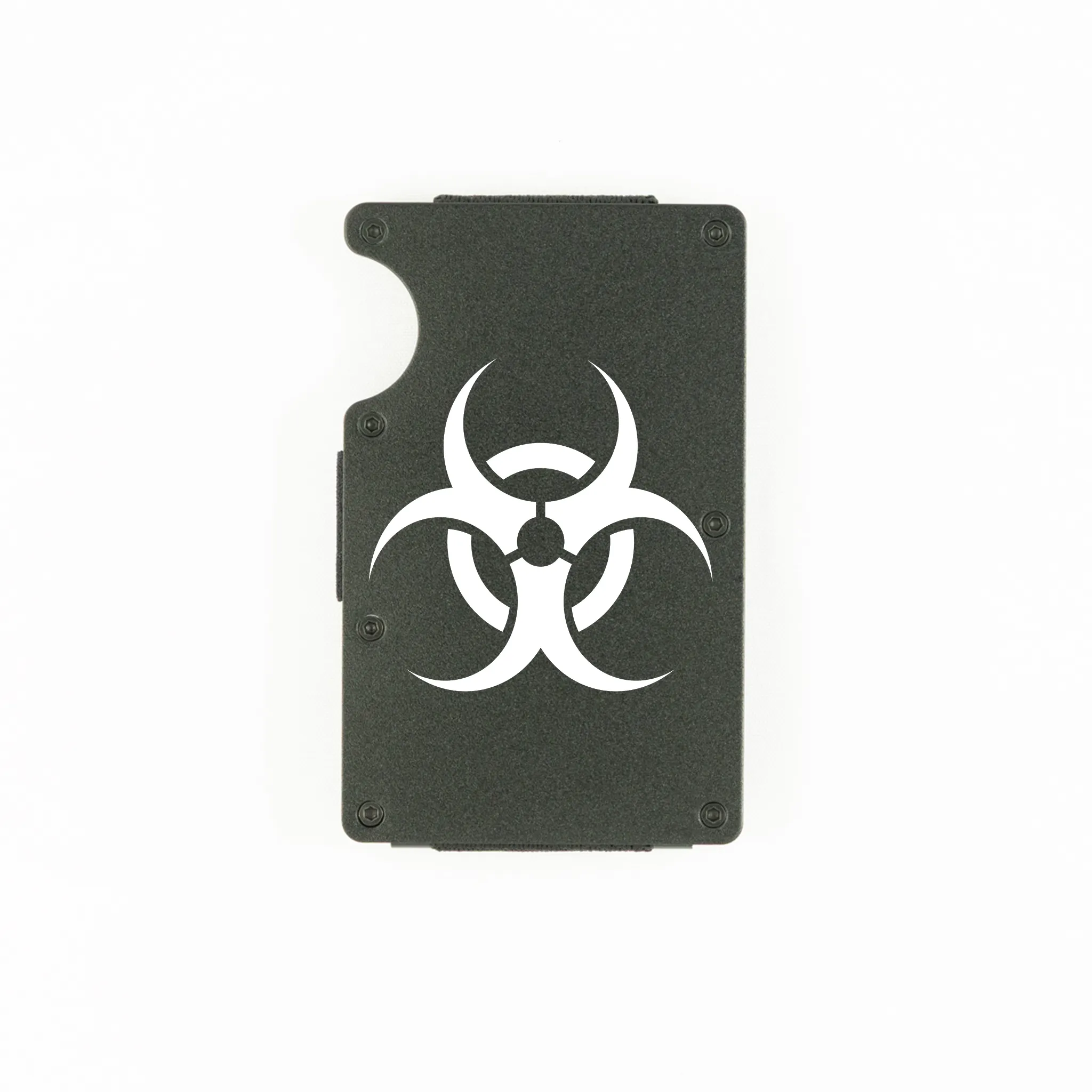 Black aluminum RFID wallet with biohazard symbol engraving on front