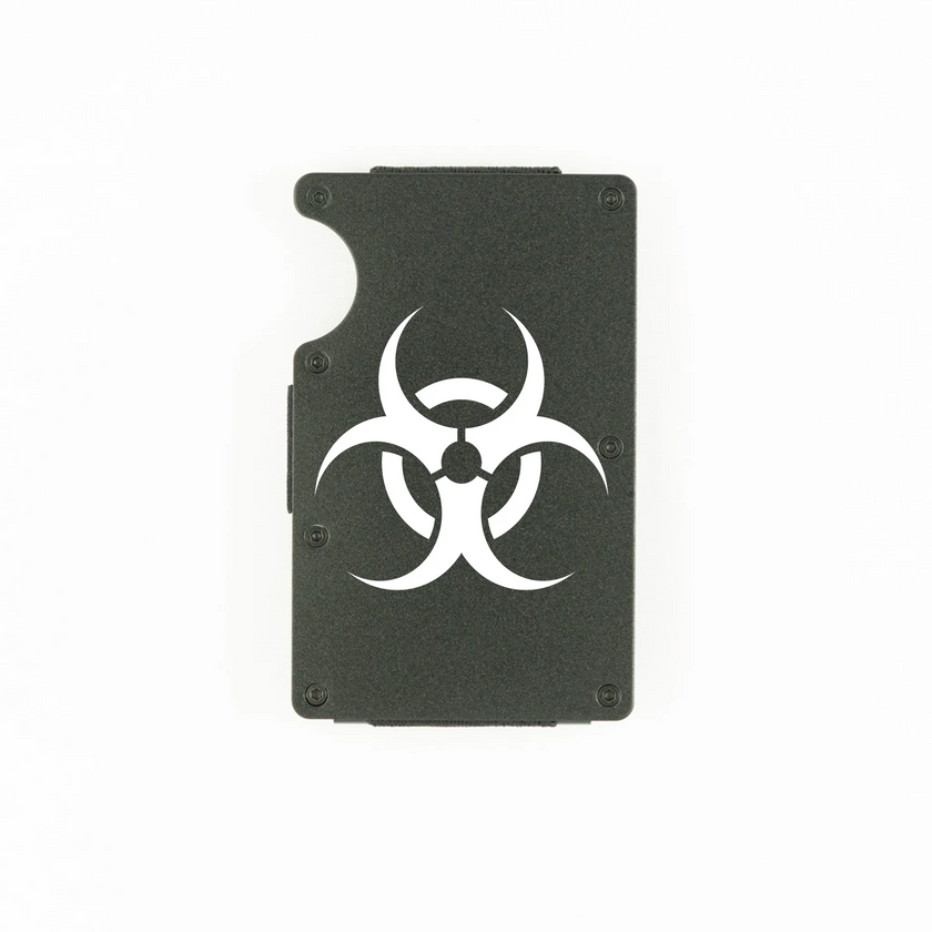Black aluminum RFID wallet with biohazard symbol engraving on front
