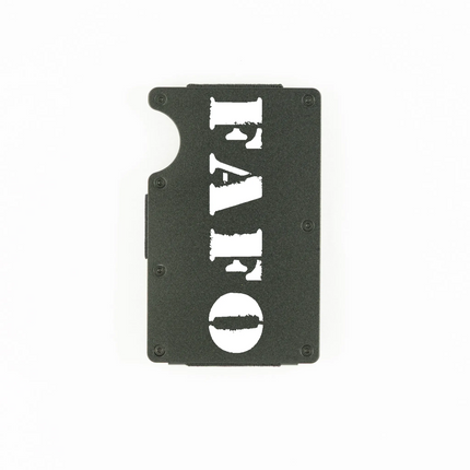 Black aluminum RFID wallet with bold FAFO stencil engraving on front