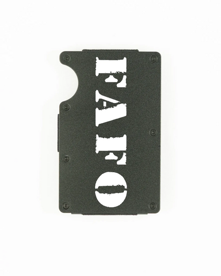 Black aluminum RFID wallet with bold FAFO stencil engraving on front
