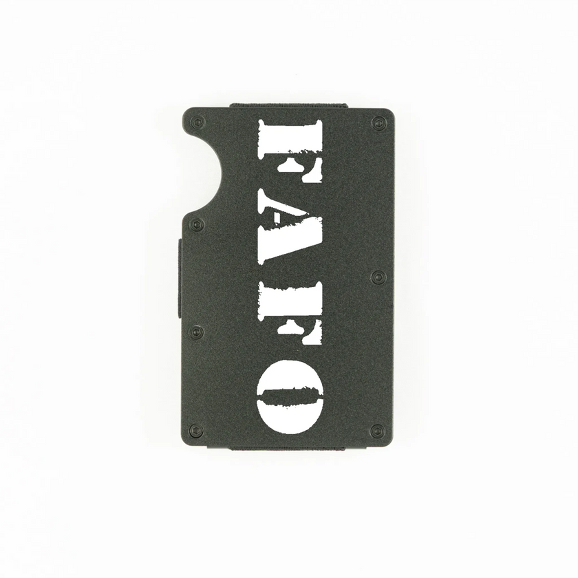 Black aluminum RFID wallet with bold FAFO stencil engraving on front