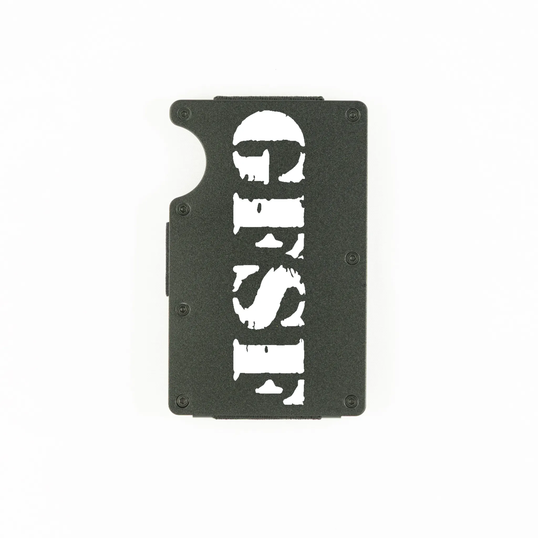 Black aluminum RFID wallet with GFSF stencil engraving on front