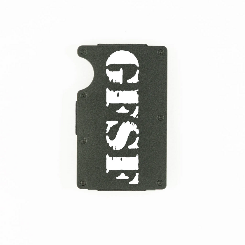 Black aluminum RFID wallet with GFSF stencil engraving on front