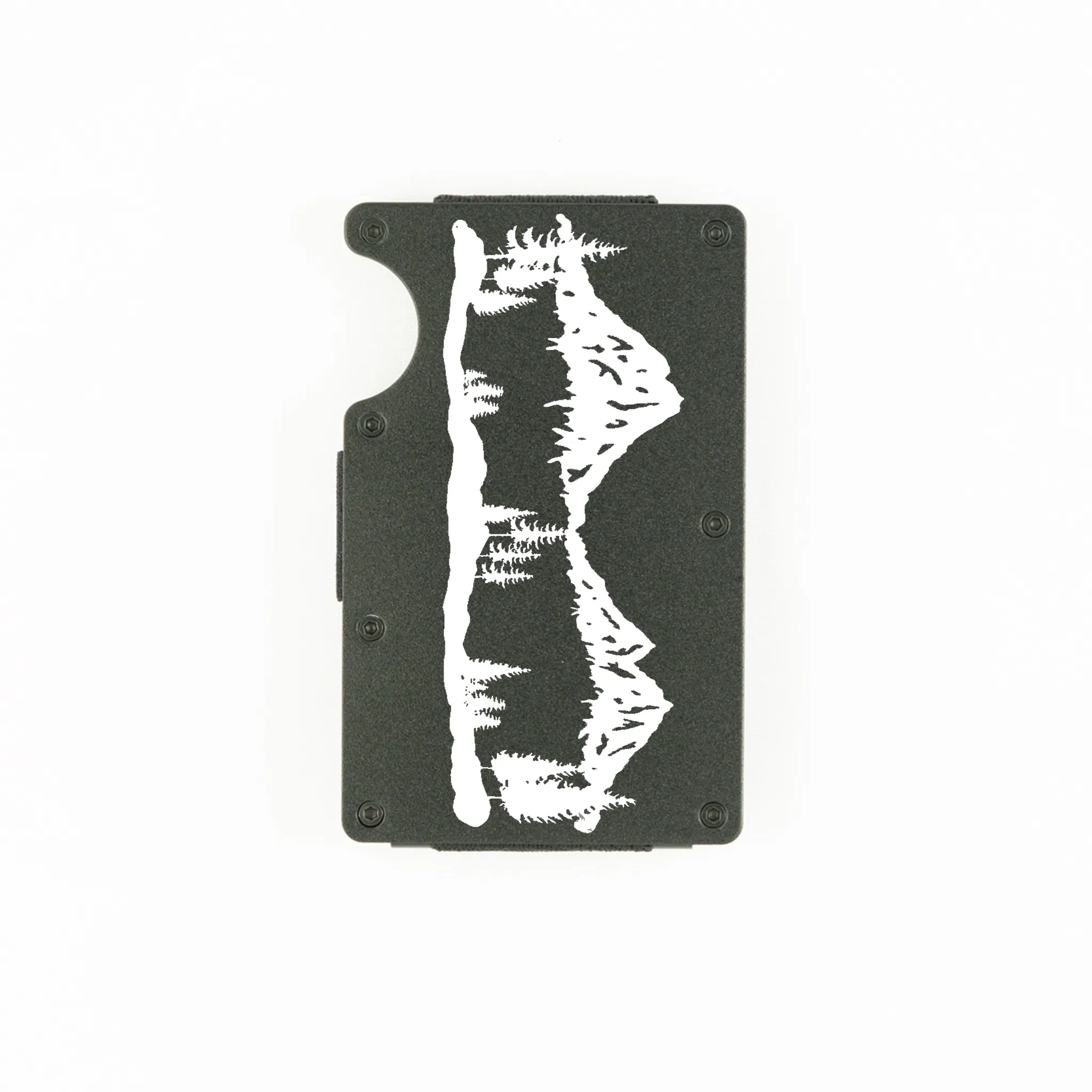 Black aluminum RFID wallet with laser-engraved mountain range on front