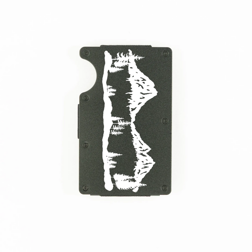 Black aluminum RFID wallet with laser-engraved mountain range on front