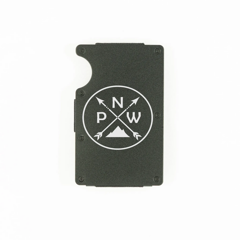 Black aluminum RFID wallet with PNW mountain and crossed arrows engraving