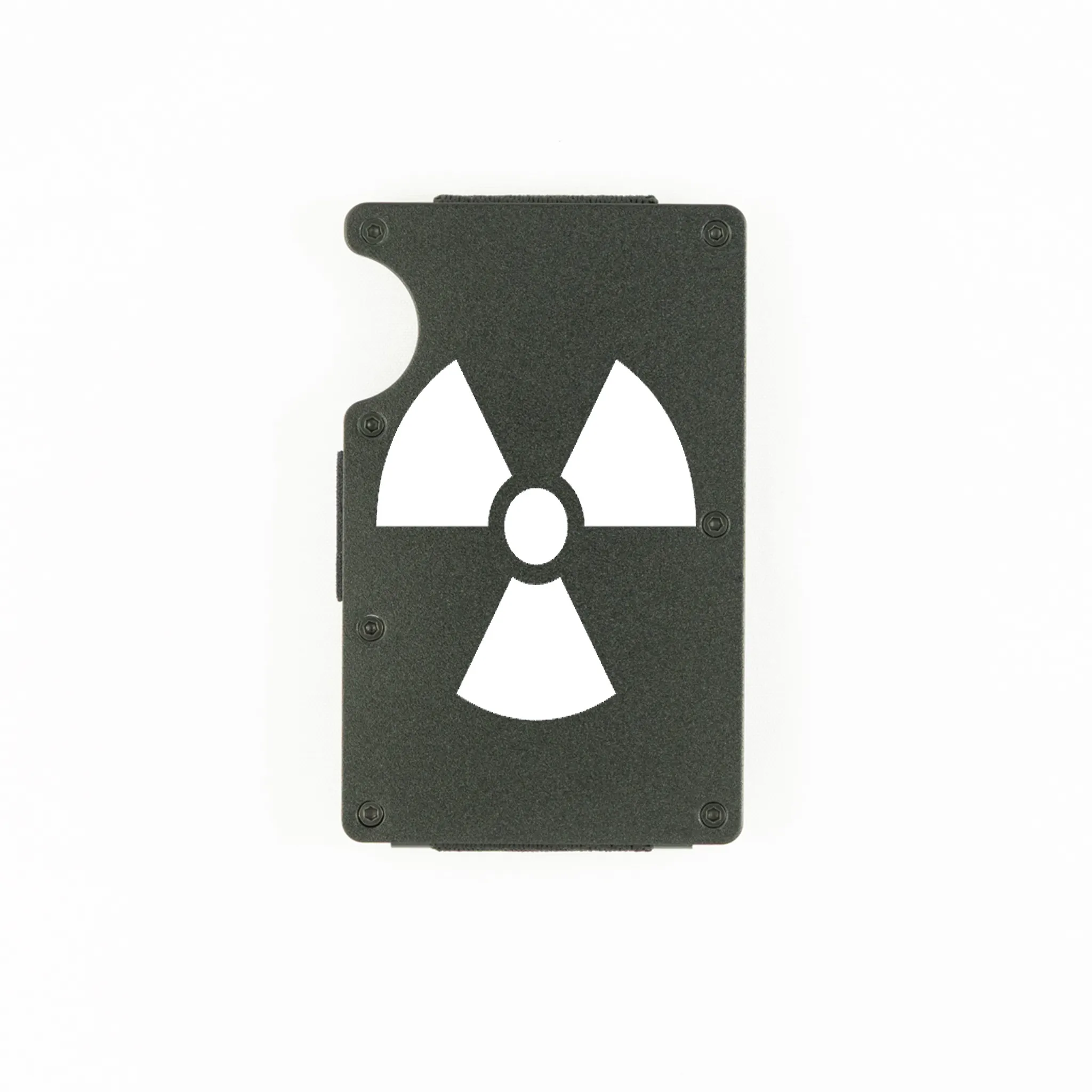 Black aluminum RFID wallet with radioactive symbol engraving