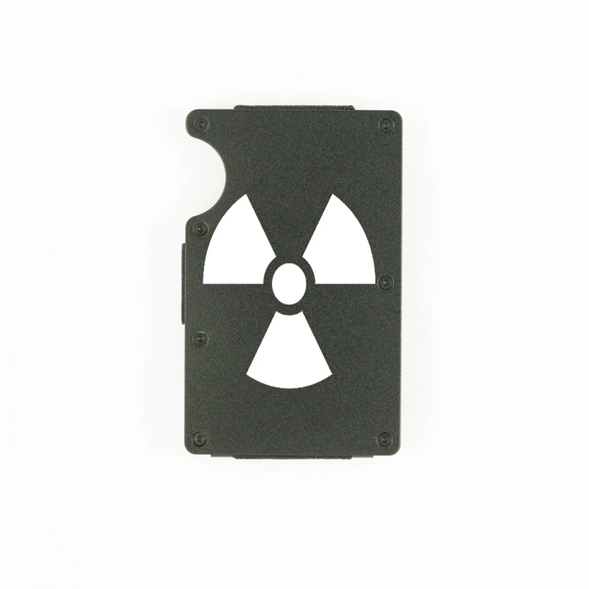 Black aluminum RFID wallet with radioactive symbol engraving