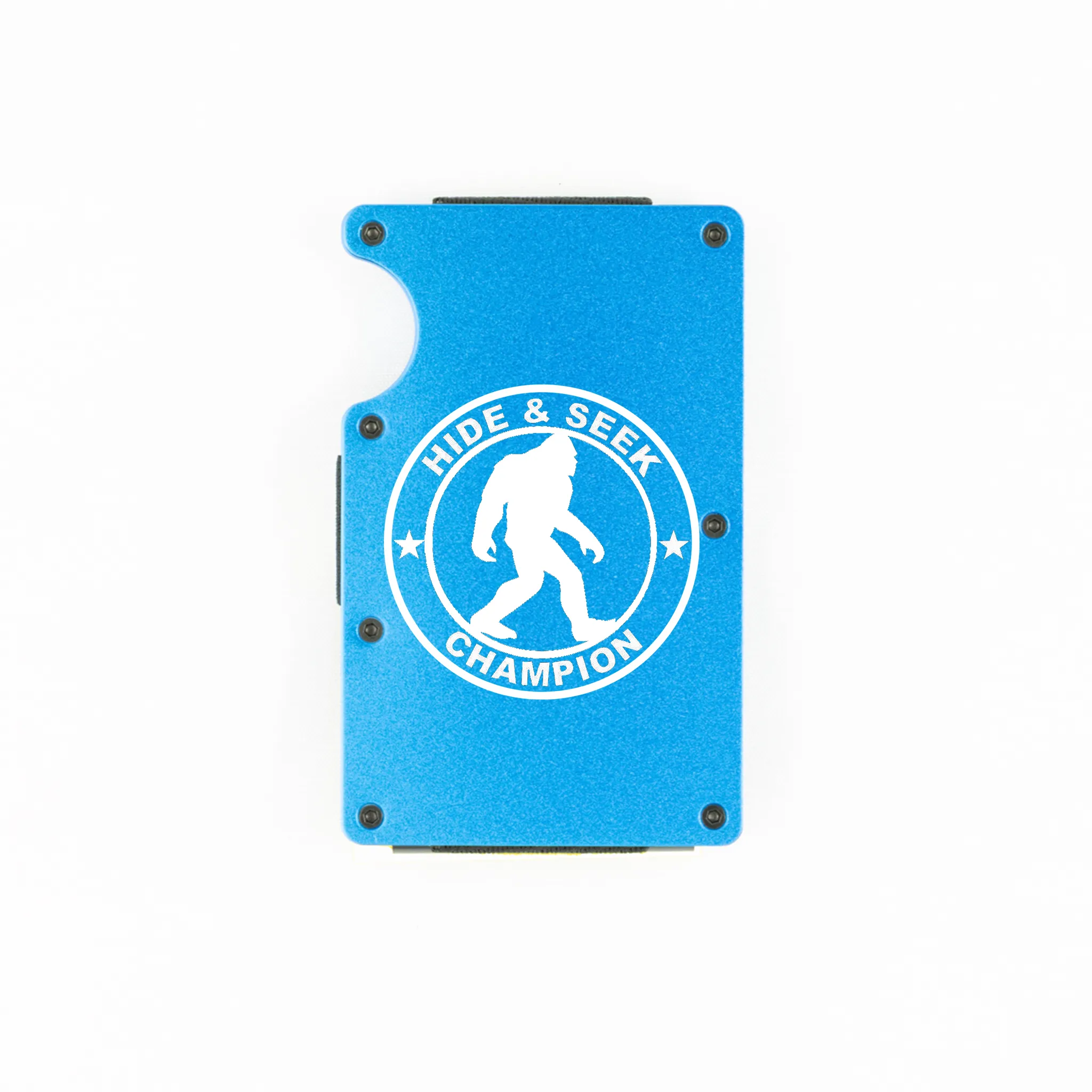 Blue aluminum RFID wallet with engraved Hide and Seek Champion Bigfoot badge