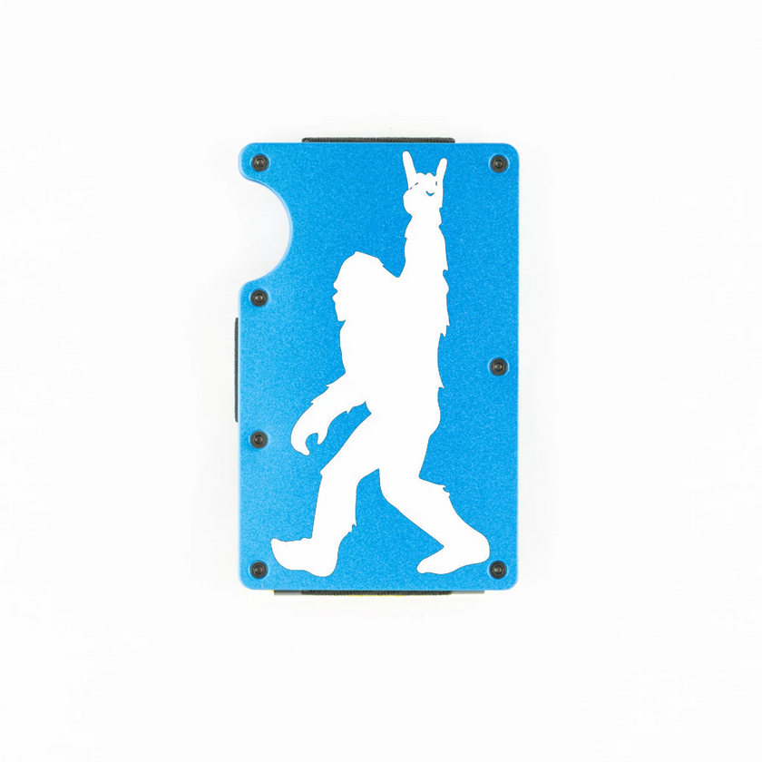 Blue aluminum RFID wallet with engraved Bigfoot doing rock on hand gesture